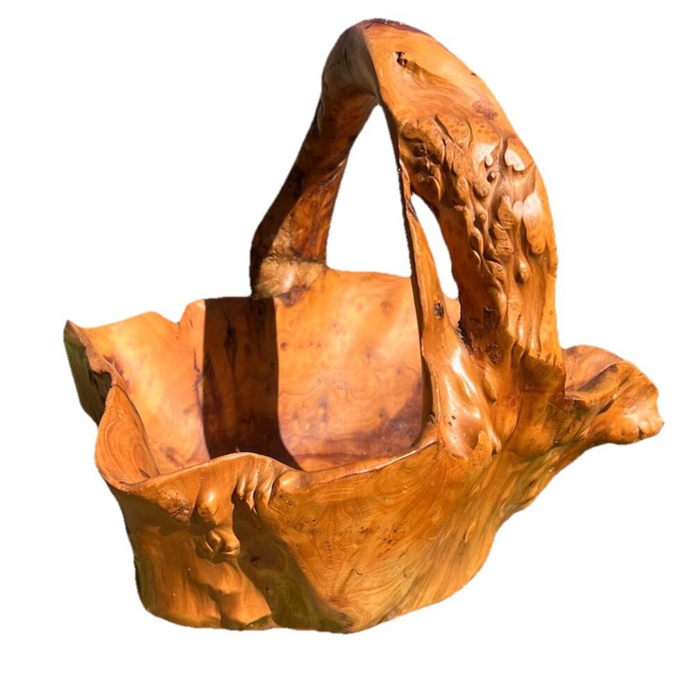 Vintage Burlwood Hand Carved Basket/Bowl with Handle - Picture 3 of 12
